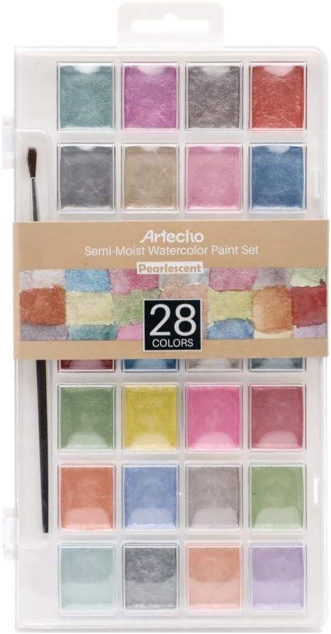 imageArtecho 28 Metallic Watercolor Paint Set Glitter Colors SemiMoist Pearlescent Water color Ideal for Beginners and Artists28 colors