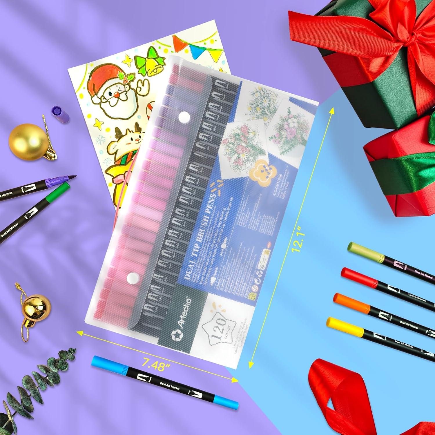 imageArtecho 72 Colors Markers for Adult Coloring Books Dual Tip Markers for School Fine and Brush Tip for Adults Coloring Books Calligraphy Drawing Sketching120 colors