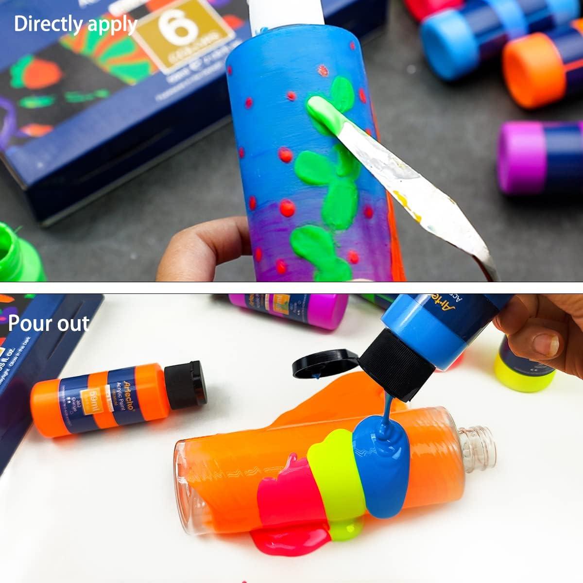 imageArtecho Neon Paint 6 Colors 60 ml  2 oz Acrylic Paint for Decoration Art Painting Outdoor and Indoor Art Craft Supplies for Canvas Rock Wood Waterproof Rich PigmentsGlowNeon6 colors