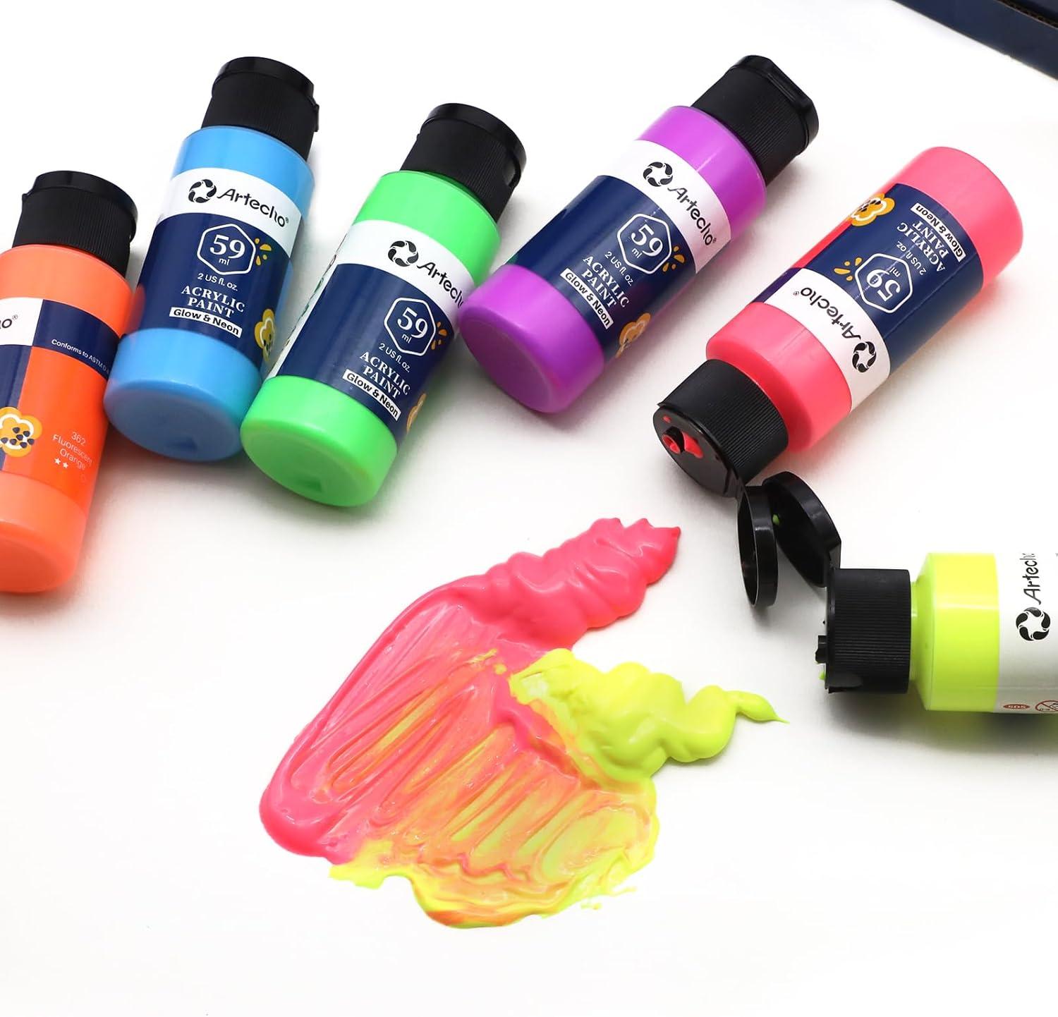 imageArtecho Neon Paint 6 Colors 60 ml  2 oz Acrylic Paint for Decoration Art Painting Outdoor and Indoor Art Craft Supplies for Canvas Rock Wood Waterproof Rich PigmentsGlowNeon6 colors