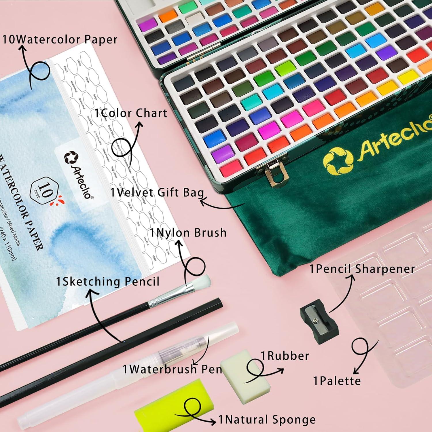 imageArtecho Watercolor Paint Set 50 Colors Travel Watercolor Set with Watercolor Papers and Brushes Ideal for Amateur Hobbyists Painting Lovers and Artists128 Colors