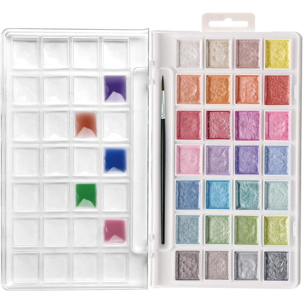 imageArtecho 28 Metallic Watercolor Paint Set Glitter Colors SemiMoist Pearlescent Water color Ideal for Beginners and Artists28 colors