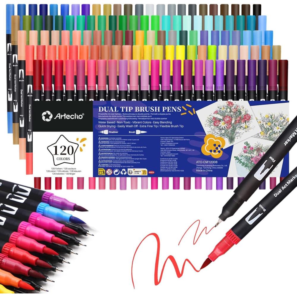 imageArtecho 72 Colors Markers for Adult Coloring Books Dual Tip Markers for School Fine and Brush Tip for Adults Coloring Books Calligraphy Drawing Sketching120 colors