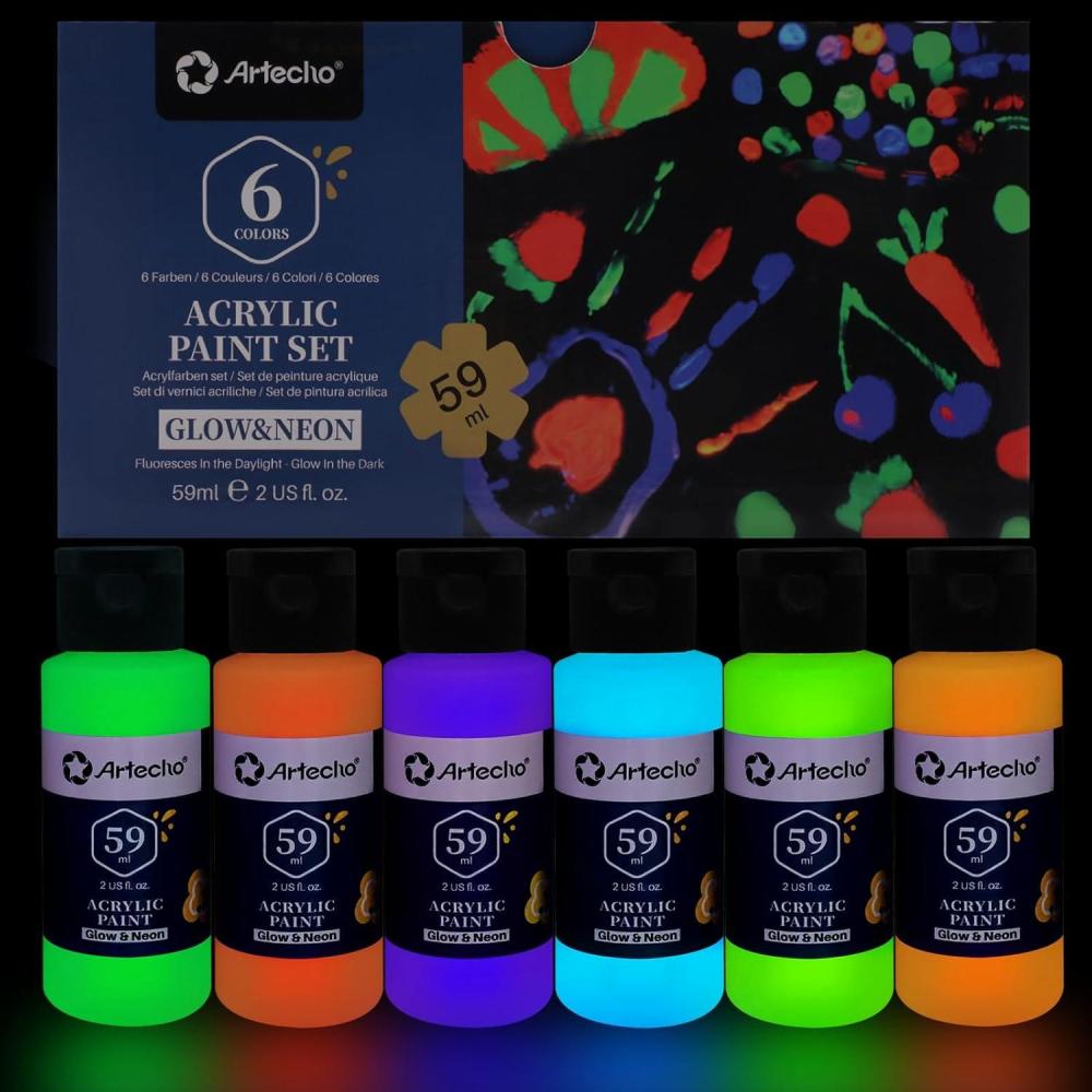 imageArtecho Neon Paint 6 Colors 60 ml  2 oz Acrylic Paint for Decoration Art Painting Outdoor and Indoor Art Craft Supplies for Canvas Rock Wood Waterproof Rich PigmentsGlowNeon6 colors