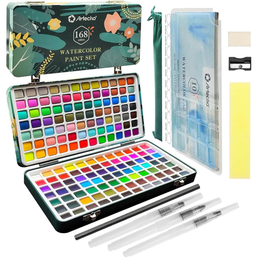 imageArtecho Watercolor Paint Set 168 Colors Painting Kit with Watercolor Pad Brushes and Pencil Ideal Water Color Kit for Beginners ampamp Professionals168 Colors