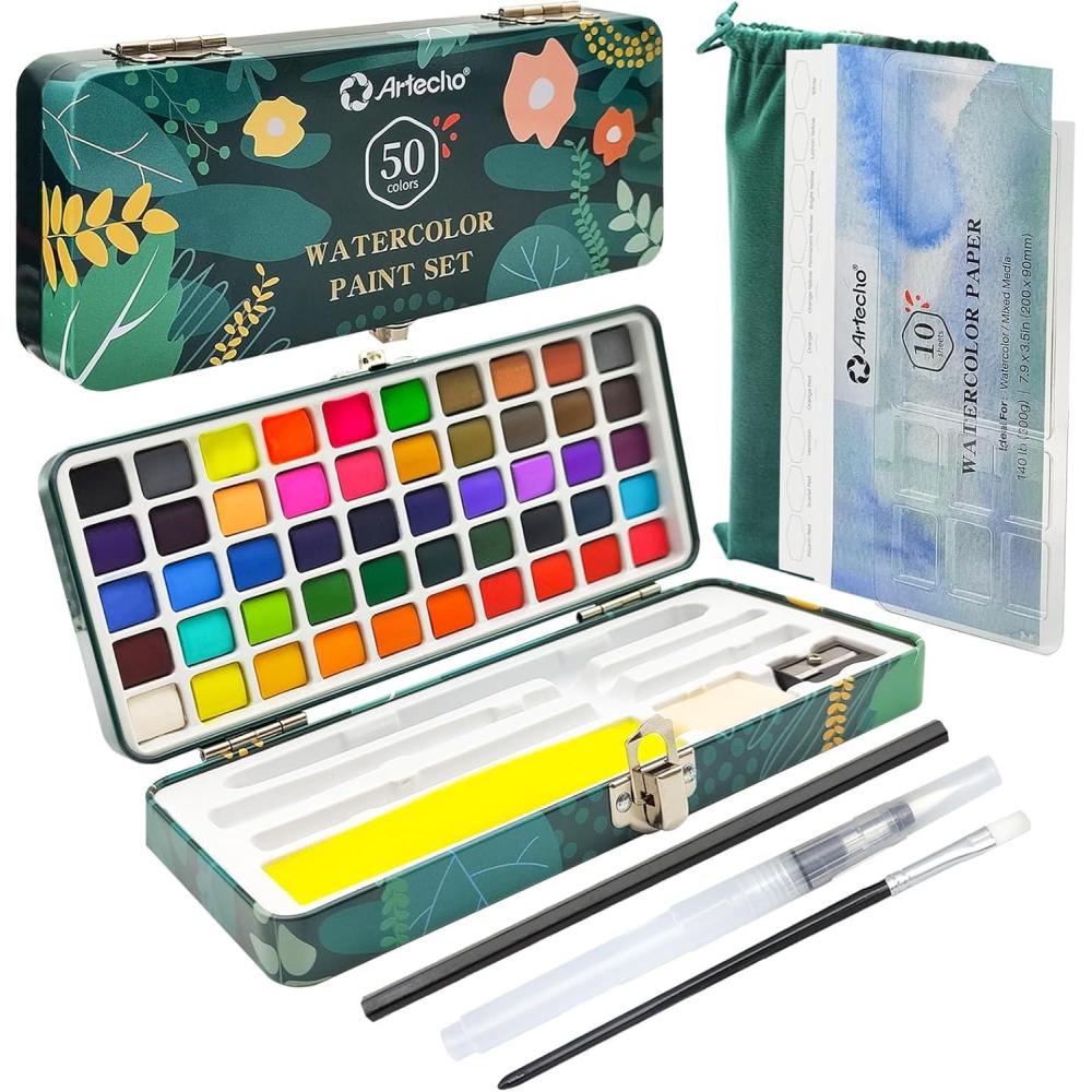 imageArtecho Watercolor Paint Set 50 Colors Travel Watercolor Set with Watercolor Papers and Brushes Ideal for Amateur Hobbyists Painting Lovers and Artists50 Colors