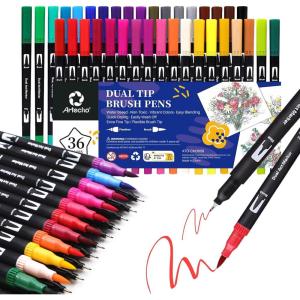 imageArtecho 120 Colors Markers for Adult Coloring Books Dual Tip Markers for School Fine and Brush Tip for Adults Coloring Books Calligraphy Drawing Sketching36 colors