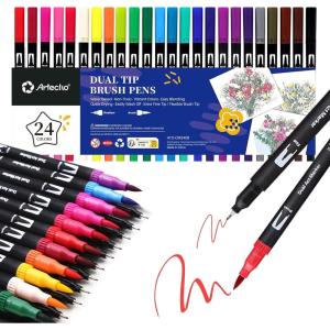 imageArtecho 120 Colors Markers for Adult Coloring Books Dual Tip Markers for School Fine and Brush Tip for Adults Coloring Books Calligraphy Drawing Sketching24 colors