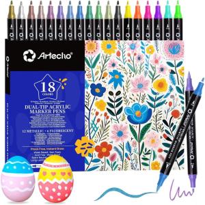 imageArtecho Acrylic Paint Markers 60 Colors Acrylic Paint Pens with Brush Tip and Fine Tip for Stone Rock Painting Paper Pumpkin Wood Egg Canvas Ceramic Fabric leather Glass DIY Crafts12 Metallic  6 Fluorescent Colors