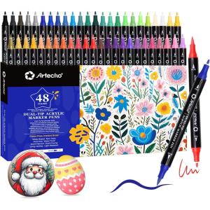 imageArtecho Acrylic Paint Markers 60 Colors Acrylic Paint Pens with Brush Tip and Fine Tip for Stone Rock Painting Paper Pumpkin Wood Egg Canvas Ceramic Fabric leather Glass DIY Crafts48 Colors