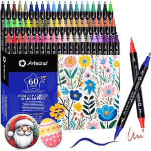 imageArtecho Acrylic Paint Markers 60 Colors Acrylic Paint Pens with Brush Tip and Fine Tip for Stone Rock Painting Paper Pumpkin Wood Egg Canvas Ceramic Fabric leather Glass DIY Crafts60 Colors