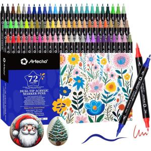 imageArtecho Acrylic Paint Markers 60 Colors Acrylic Paint Pens with Brush Tip and Fine Tip for Stone Rock Painting Paper Pumpkin Wood Egg Canvas Ceramic Fabric leather Glass DIY Crafts72 Colors