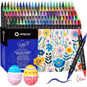 imageArtecho Acrylic Paint Markers 60 Colors Acrylic Paint Pens with Brush Tip and Fine Tip for Stone Rock Painting Paper Pumpkin Wood Egg Canvas Ceramic Fabric leather Glass DIY Crafts120 Colors