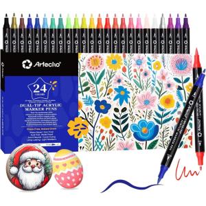 imageArtecho Acrylic Paint Markers 60 Colors Acrylic Paint Pens with Brush Tip and Fine Tip for Stone Rock Painting Paper Pumpkin Wood Egg Canvas Ceramic Fabric leather Glass DIY Crafts24 Colors