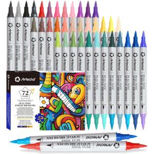 imageArtecho Acrylic Paint Markers 60 Colors Acrylic Paint Pens with Brush Tip and Fine Tip for Stone Rock Painting Paper Pumpkin Wood Egg Canvas Ceramic Fabric leather Glass DIY Crafts72 Colors 36Pcs