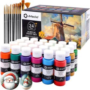 imageArtecho Acrylic Paint Set 24 Colors 2oz59ml with 12 Brushes Art Craft Paints Kit Paint for Canvas Rocks Wood Fabric Ceramic and Art Supplies Non Toxic Paint for Artists and Beginners2oz24colors