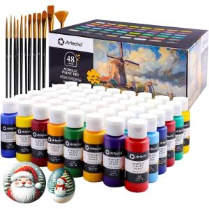 imageArtecho Acrylic Paint Set 24 Colors 2oz59ml with 12 Brushes Art Craft Paints Kit Paint for Canvas Rocks Wood Fabric Ceramic and Art Supplies Non Toxic Paint for Artists and Beginners2oz48colors