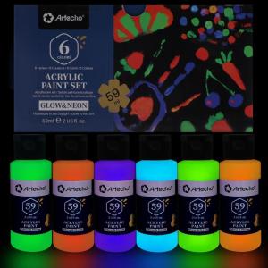 imageArtecho Neon Paint 6 Colors 60 ml  2 oz Acrylic Paint for Decoration Art Painting Outdoor and Indoor Art Craft Supplies for Canvas Rock Wood Waterproof Rich PigmentsGlowNeon6 colors
