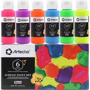 imageArtecho Neon Paint 6 Colors 60 ml  2 oz Acrylic Paint for Decoration Art Painting Outdoor and Indoor Art Craft Supplies for Canvas Rock Wood Waterproof Rich PigmentsNeon6 colors