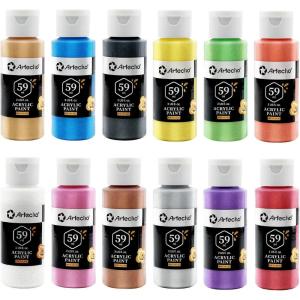 imageArtecho Professional Acrylic Paint White and Black 120ml  405oz Tubes Art Craft Paints for Canvas Rock Stone Wood Fabric Art Supplies12 Metallic Colors