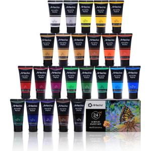 imageArtecho Professional Acrylic Paint White and Black 120ml  405oz Tubes Art Craft Paints for Canvas Rock Stone Wood Fabric Art Supplies24 Basic Colors