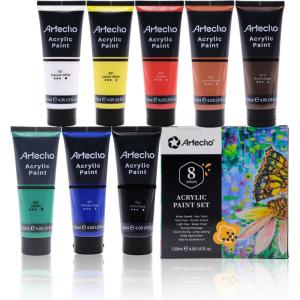 imageArtecho Professional Acrylic Paint White and Black 120ml  405oz Tubes Art Craft Paints for Canvas Rock Stone Wood Fabric Art Supplies8 Basic Colors
