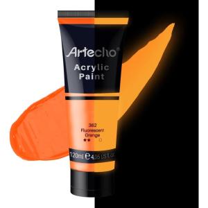 imageArtecho Professional Acrylic Paint White and Black 120ml  405oz Tubes Art Craft Paints for Canvas Rock Stone Wood Fabric Art SuppliesGlowNeonOrange