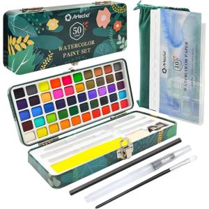 imageArtecho Watercolor Paint Set 50 Colors Travel Watercolor Set with Watercolor Papers and Brushes Ideal for Amateur Hobbyists Painting Lovers and Artists50 Colors