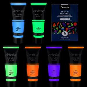 imageArtecho Blue Acrylic Paint Cerulean Blue Paint 120ml  405oz Tubes Art Craft Paints for Canvas Rock Stone Wood Fabric Art SuppliesGlowNeon6 colors