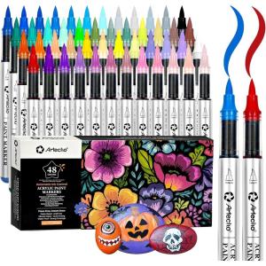 imageArtecho Automatic Ink Control Acrylic Paint Markers 48 Colors Brush Tip for Stone Rock Painting Paper Pumpkin Wood Egg Canvas Ceramic Fabric leather Glass DIY Crafts48 Colors Automatic Ink Control