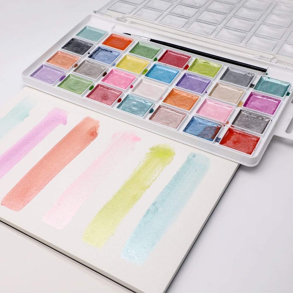 image:imageArtecho 48 Colors Watercolor Paint Set with 10 Paint Brushes A5 Watercolor Paper Pad and 2 Watercolor Pens Washable Water Colors Paint Adult Set28 metallic colors