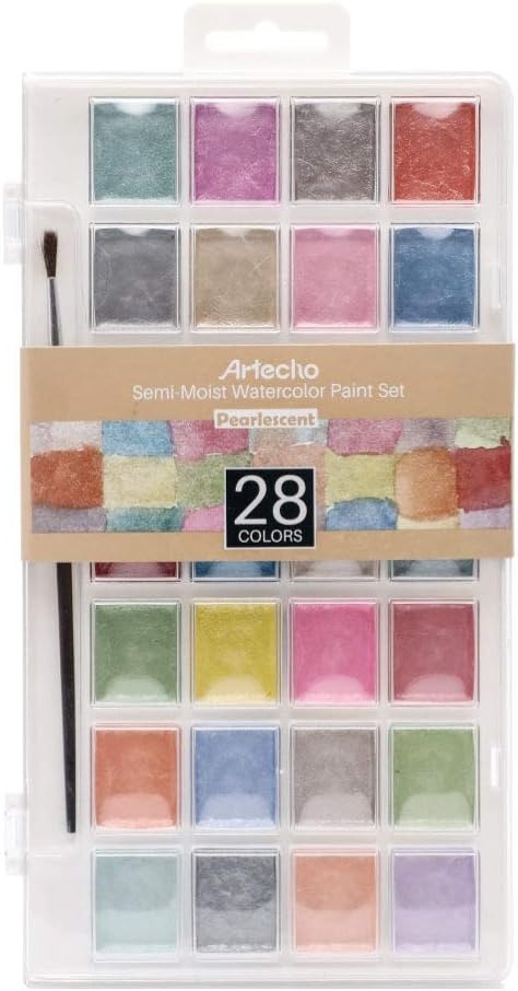 image:imageArtecho 48 Colors Watercolor Paint Set with 10 Paint Brushes A5 Watercolor Paper Pad and 2 Watercolor Pens Washable Water Colors Paint Adult Set28 metallic colors