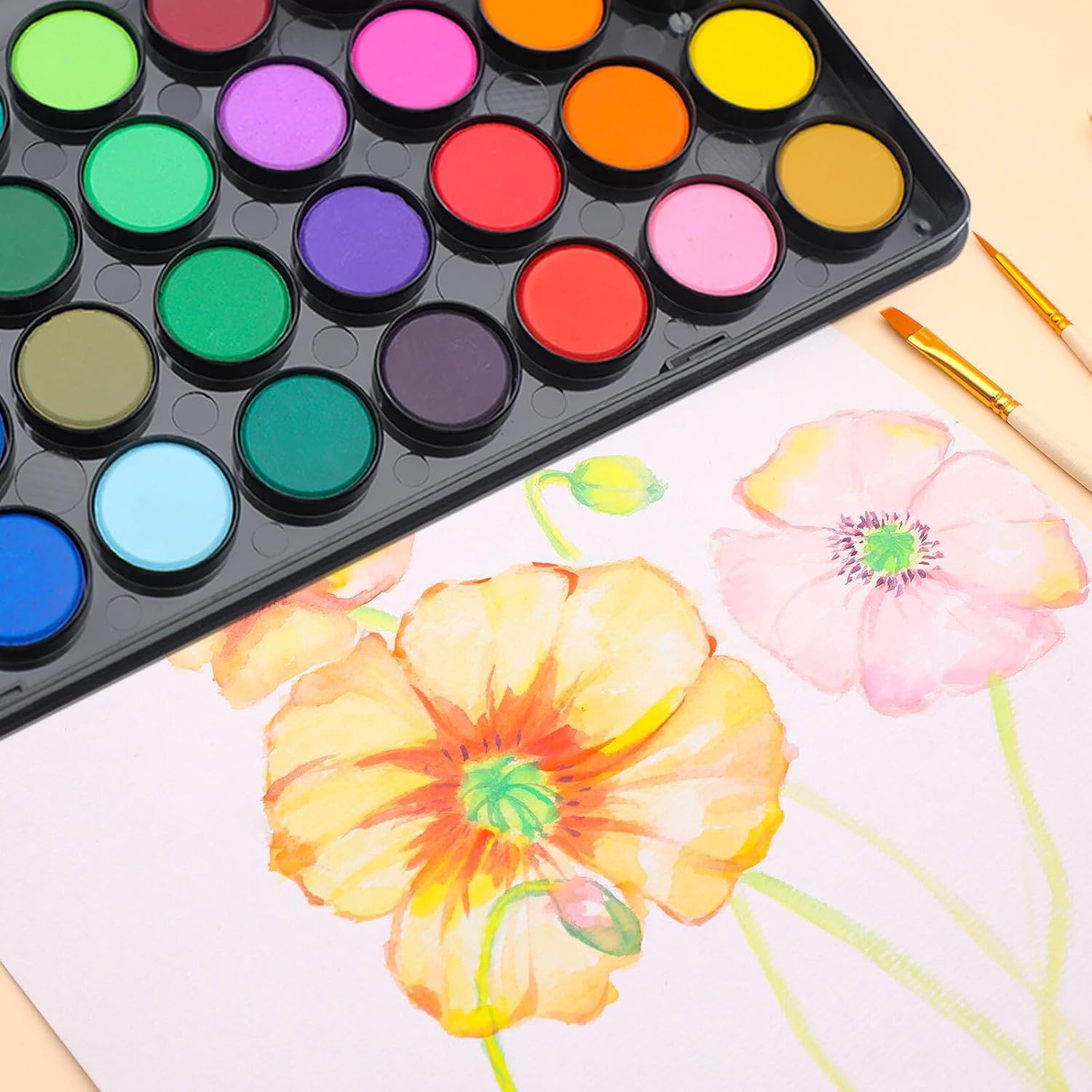 image:imageArtecho 48 Colors Watercolor Paint Set with 10 Paint Brushes A5 Watercolor Paper Pad and 2 Watercolor Pens Washable Water Colors Paint Adult Set36 colors