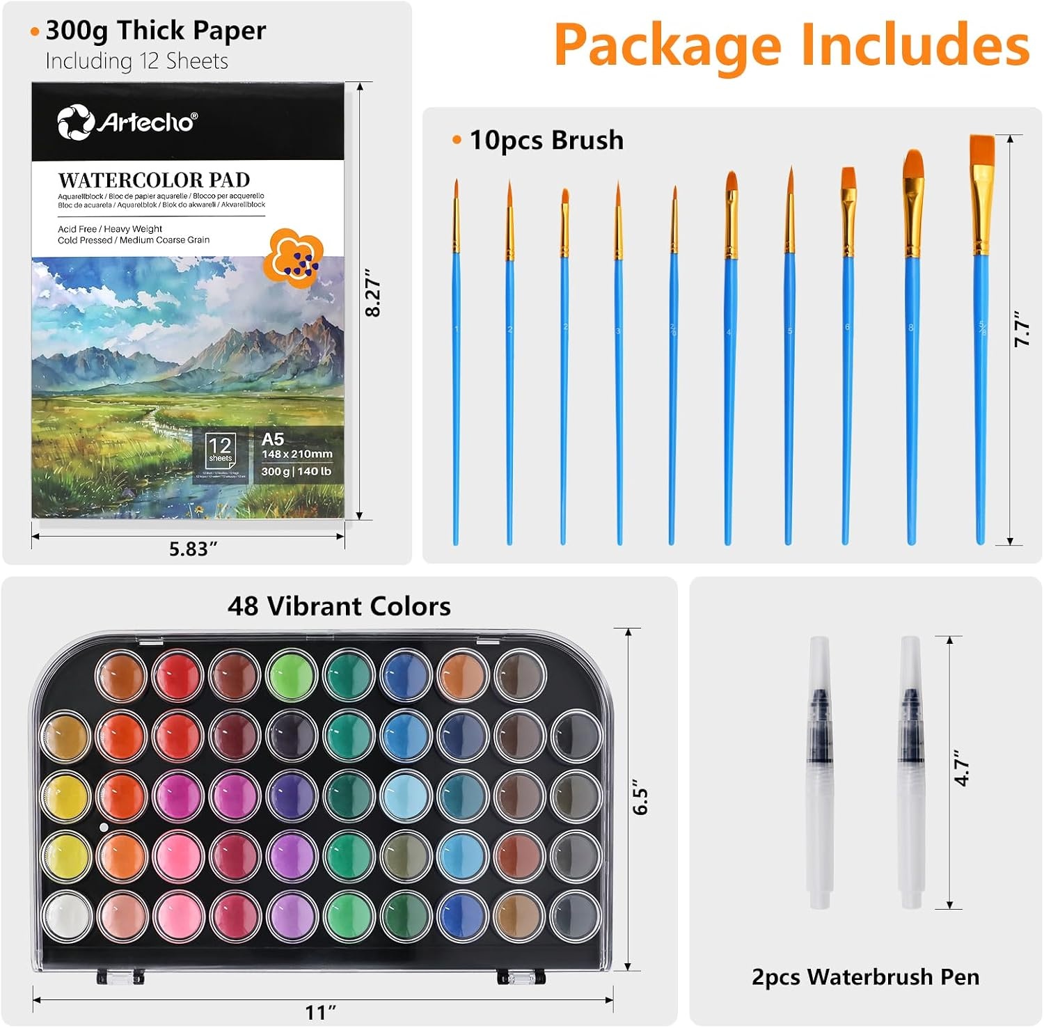 image:imageArtecho 48 Colors Watercolor Paint Set with 10 Paint Brushes A5 Watercolor Paper Pad and 2 Watercolor Pens Washable Water Colors Paint Adult Set48 colors with paper pad