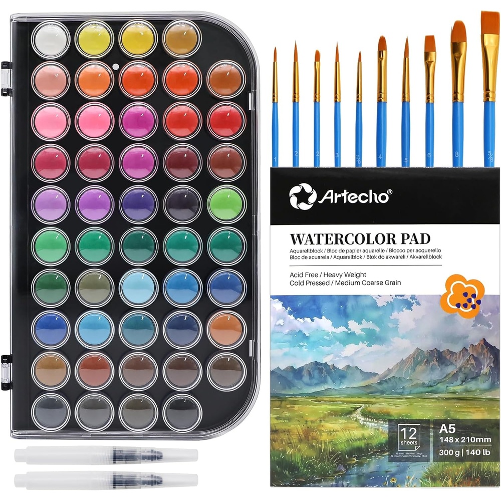 image:imageArtecho 48 Colors Watercolor Paint Set with 10 Paint Brushes A5 Watercolor Paper Pad and 2 Watercolor Pens Washable Water Colors Paint Adult Set48 colors with paper pad