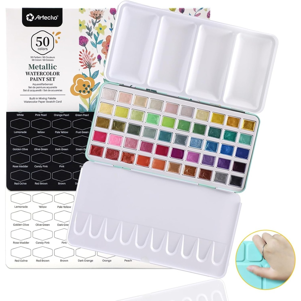 image:imageArtecho Watercolor Paint Set 72 Colors Travel Watercolor Set with Watercolor Papers and Brushes Ideal for Amateur Hobbyists Painting Lovers and Artists50 Colors Metallic