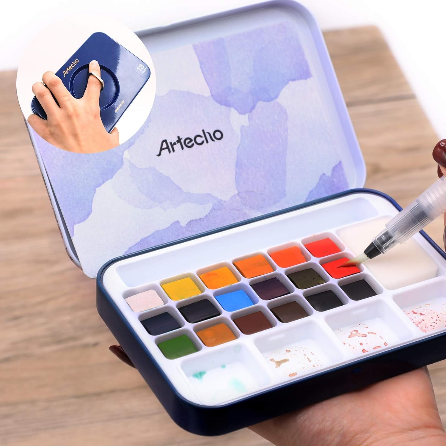 image:imageArtecho 24 Colors Watercolor Paint Set Portable Travel Tin Box with Brush  Watercolor Paper Color Chart amp Sponge Included  Lightweight Metal Case  Creative Gift for Artists Students Beginners18 colors