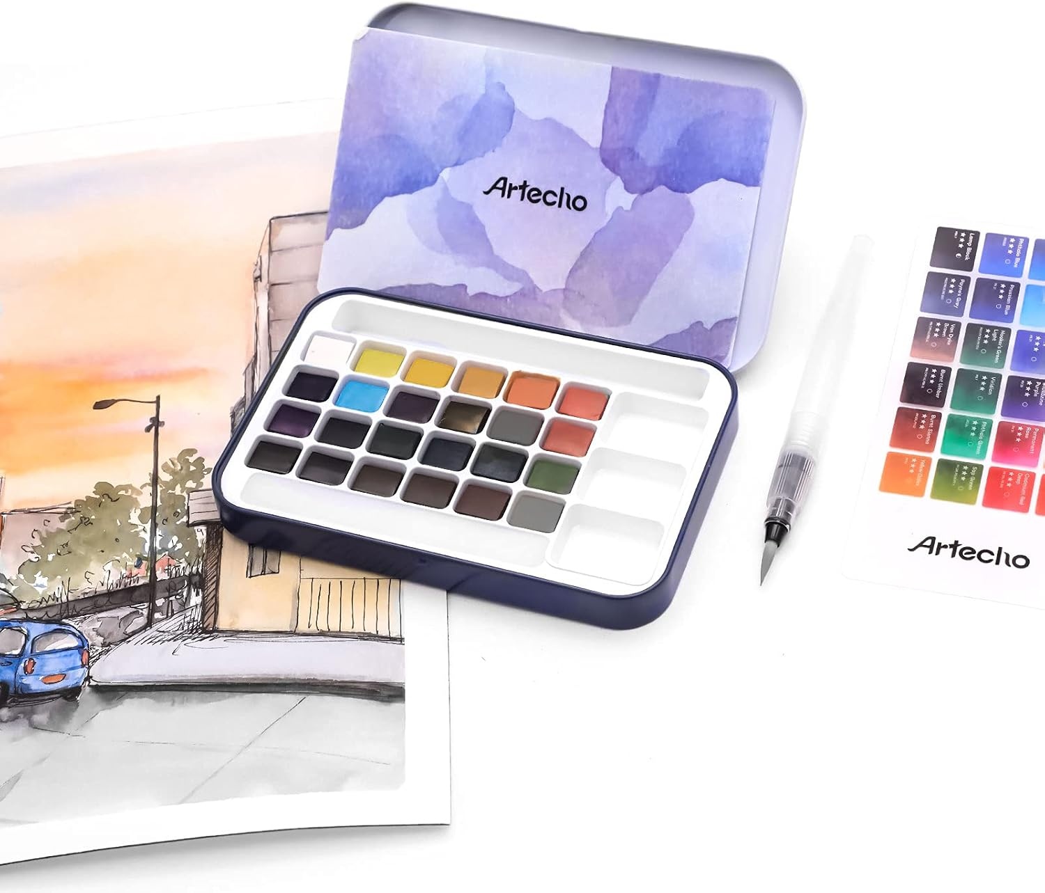 image:imageArtecho 24 Colors Watercolor Paint Set Portable Travel Tin Box with Brush  Watercolor Paper Color Chart amp Sponge Included  Lightweight Metal Case  Creative Gift for Artists Students Beginners24 colors