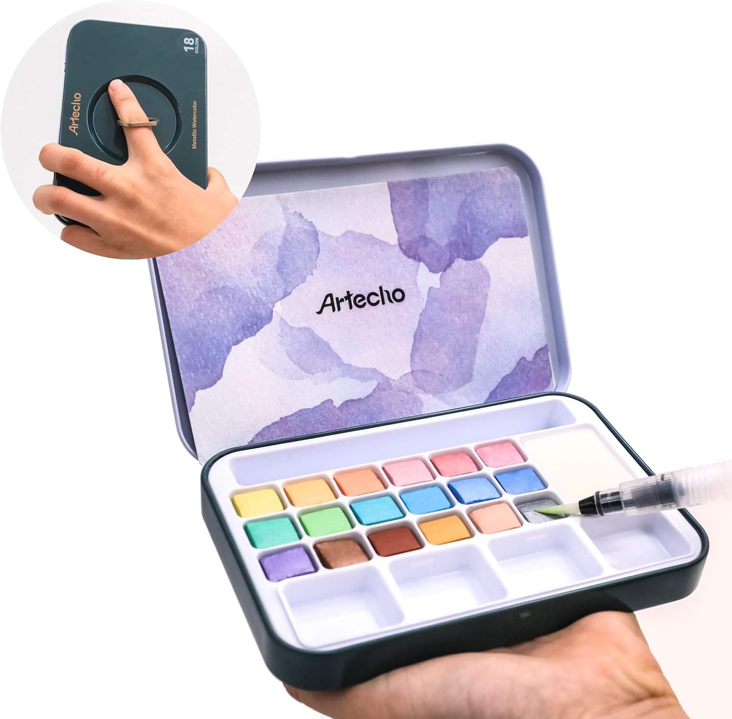image:imageArtecho 24 Colors Watercolor Paint Set Portable Travel Tin Box with Brush  Watercolor Paper Color Chart amp Sponge Included  Lightweight Metal Case  Creative Gift for Artists Students Beginners18 metallic colors