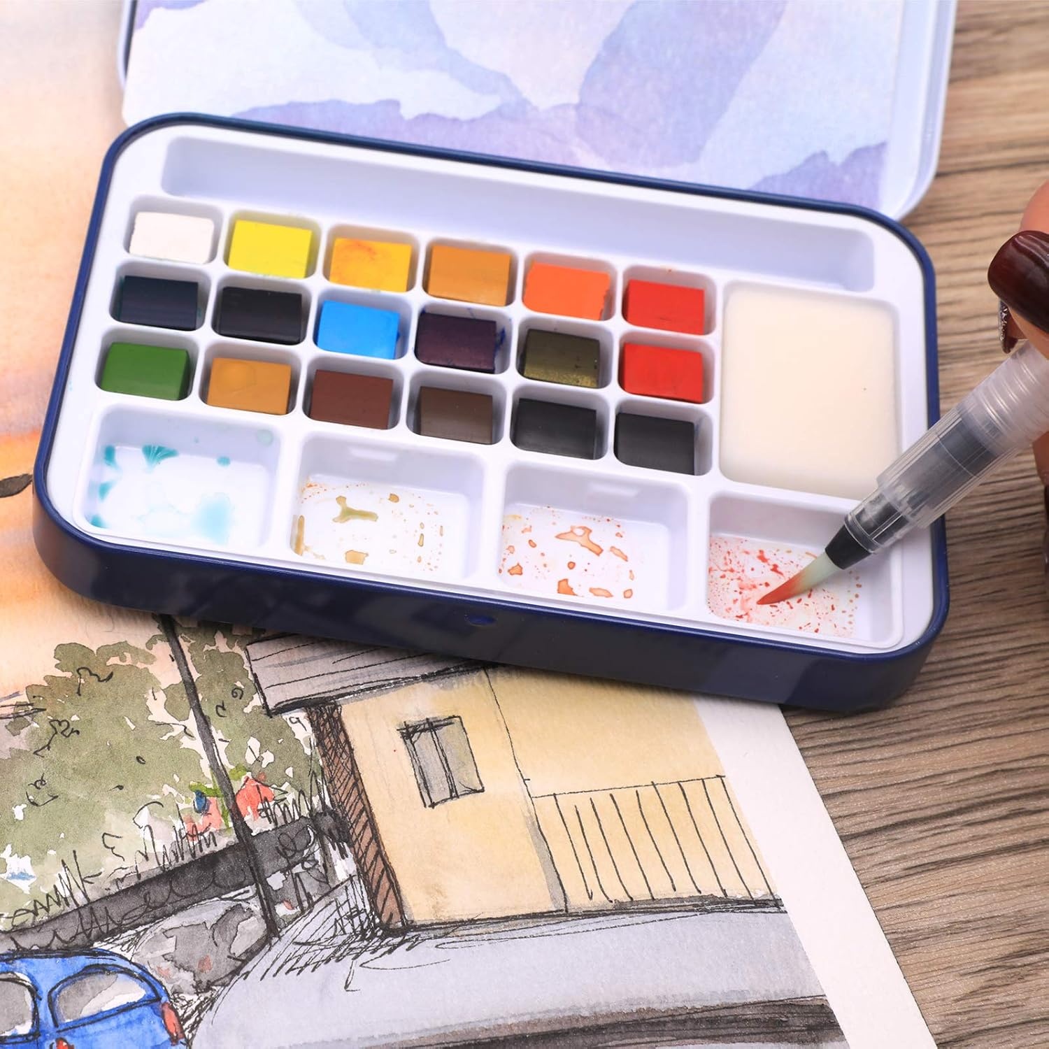 image:imageArtecho 24 Colors Watercolor Paint Set Portable Travel Tin Box with Brush  Watercolor Paper Color Chart amp Sponge Included  Lightweight Metal Case  Creative Gift for Artists Students Beginners18 colors