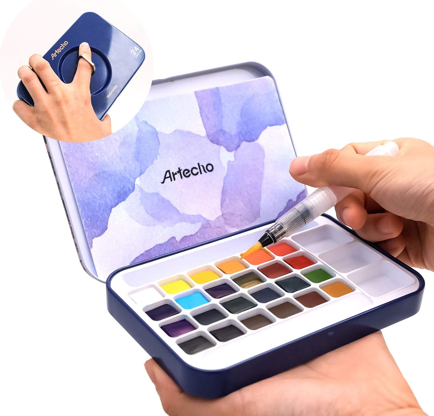 image:imageArtecho 24 Colors Watercolor Paint Set Portable Travel Tin Box with Brush  Watercolor Paper Color Chart amp Sponge Included  Lightweight Metal Case  Creative Gift for Artists Students Beginners24 colors