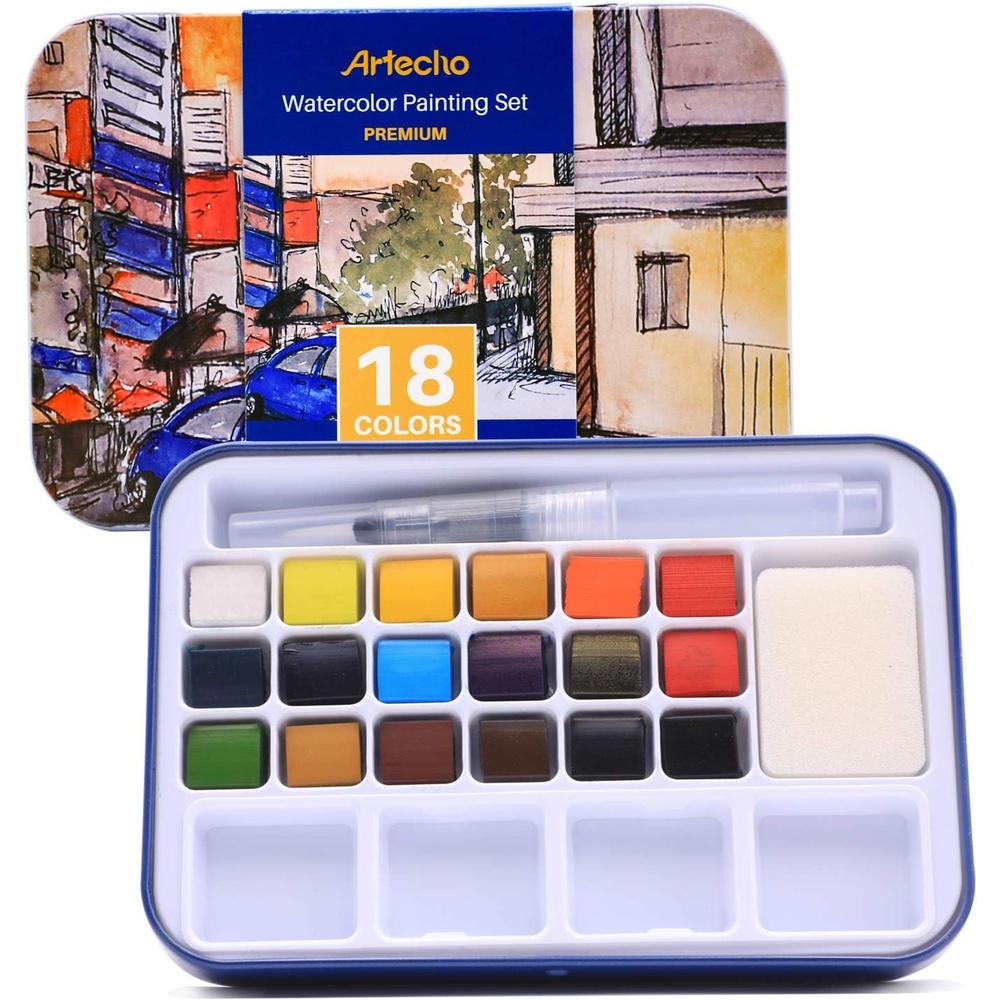 image:imageArtecho 24 Colors Watercolor Paint Set Portable Travel Tin Box with Brush  Watercolor Paper Color Chart amp Sponge Included  Lightweight Metal Case  Creative Gift for Artists Students Beginners18 colors
