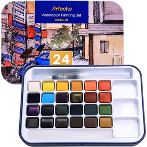 image:imageArtecho 24 Colors Watercolor Paint Set Portable Travel Tin Box with Brush  Watercolor Paper Color Chart amp Sponge Included  Lightweight Metal Case  Creative Gift for Artists Students Beginners24 colors