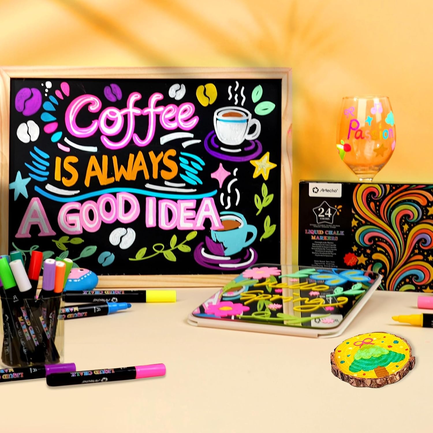 image:imageArtecho 24 Colors Liquid Chalk Markers with 6mm Reversible Tip Pens  Nontoxic amp Erasable Chalk Pens with BulletChisel Tips Perfect for Glass Windows Cars Blackboards amp Bistro Signs24 Colors