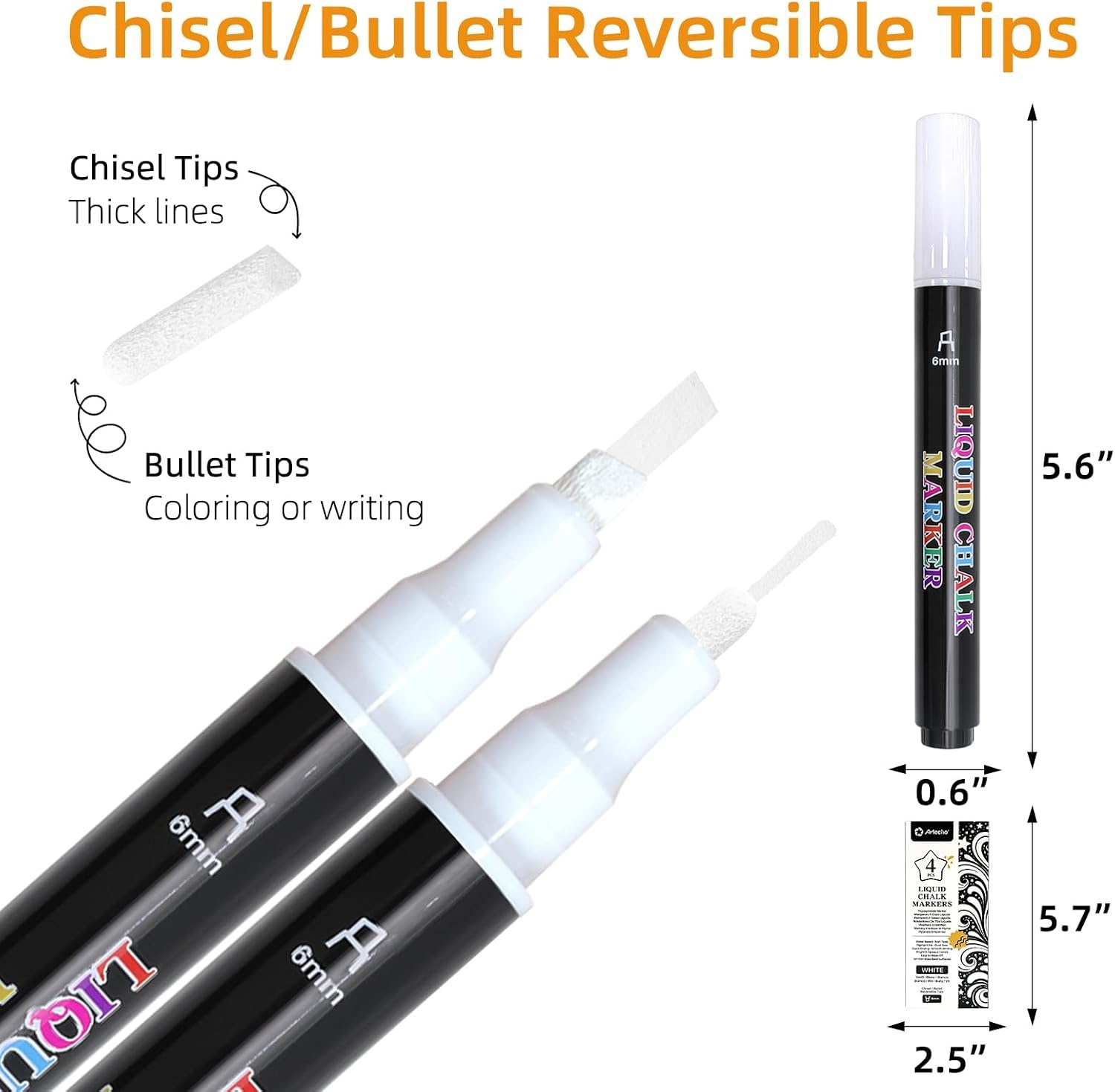 image:imageArtecho 24 Colors Liquid Chalk Markers with 6mm Reversible Tip Pens  Nontoxic amp Erasable Chalk Pens with BulletChisel Tips Perfect for Glass Windows Cars Blackboards amp Bistro Signs4 Pcs White
