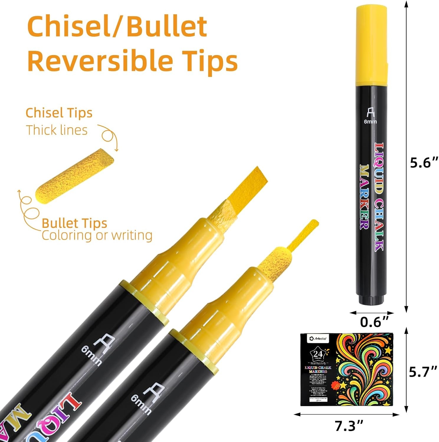 image:imageArtecho 24 Colors Liquid Chalk Markers with 6mm Reversible Tip Pens  Nontoxic amp Erasable Chalk Pens with BulletChisel Tips Perfect for Glass Windows Cars Blackboards amp Bistro Signs24 Colors