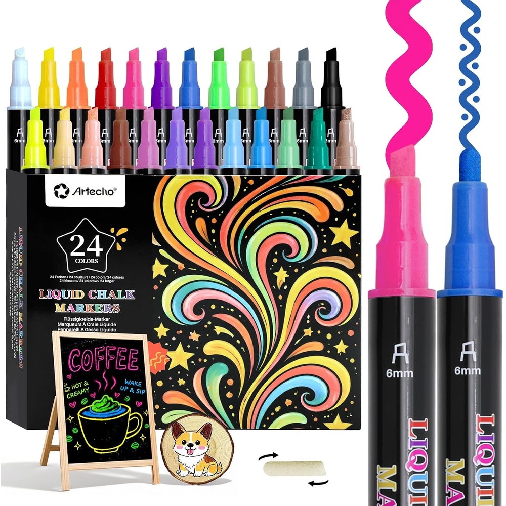 image:imageArtecho 24 Colors Liquid Chalk Markers with 6mm Reversible Tip Pens  Nontoxic amp Erasable Chalk Pens with BulletChisel Tips Perfect for Glass Windows Cars Blackboards amp Bistro Signs24 Colors