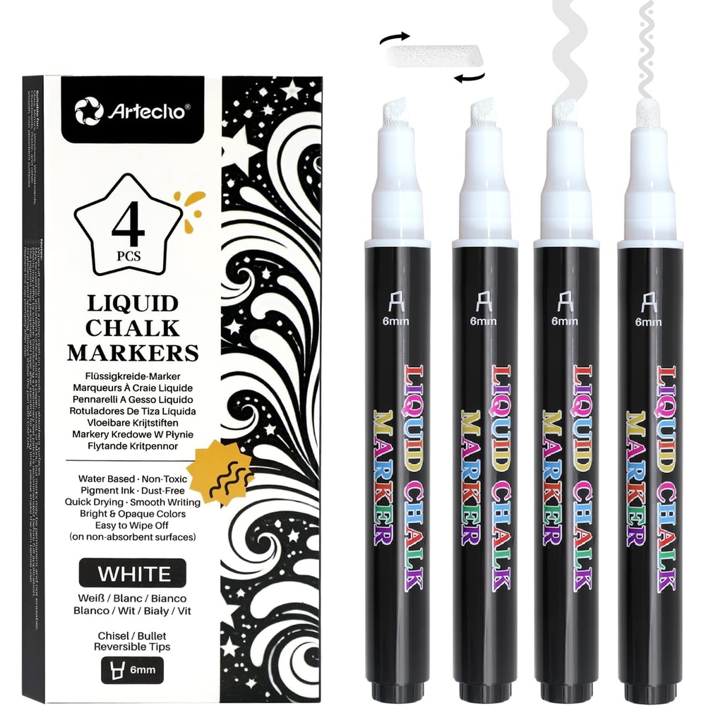 image:imageArtecho 24 Colors Liquid Chalk Markers with 6mm Reversible Tip Pens  Nontoxic amp Erasable Chalk Pens with BulletChisel Tips Perfect for Glass Windows Cars Blackboards amp Bistro Signs4 Pcs White