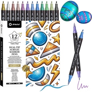 image:imageArtecho Dual Tip Acrylic Paint Pen Black 5pcs setFine Tip and Brush Tip  Ideal for Rock Painting Stone Wood Paper Canvas Ceramic Glass Fabric amp DIY Crafts12 Colors Metallic